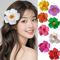 2025新型の扶桑花のヘアピンの女性の海辺で写真を撮る雰囲気感があります。