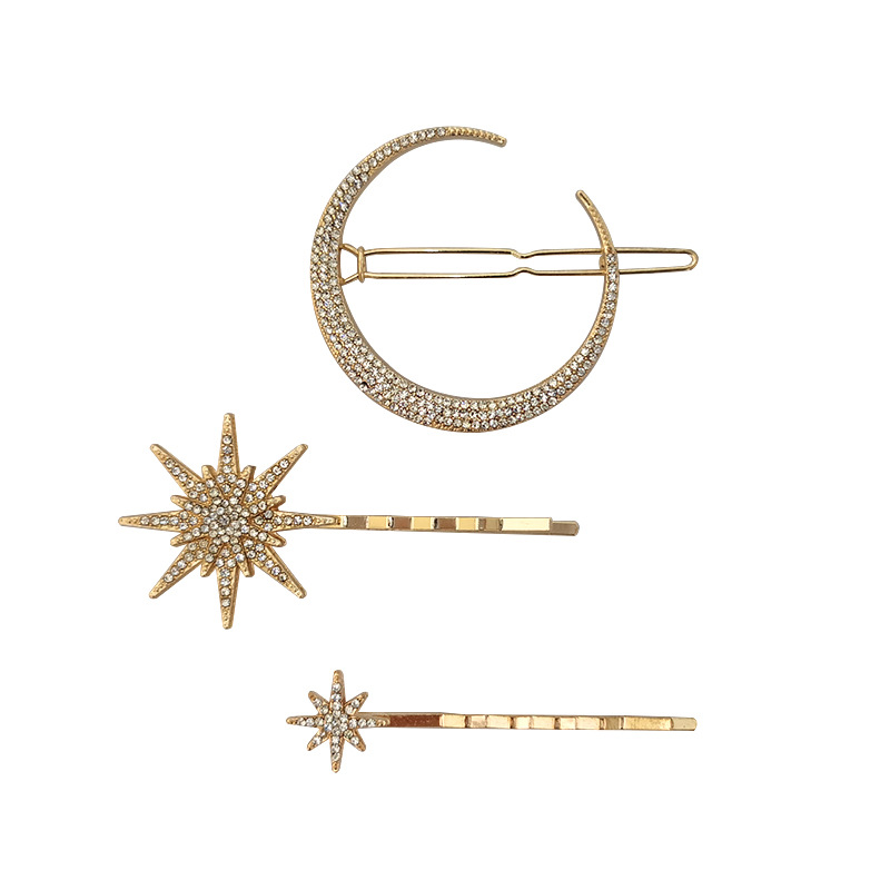 Europe And America Star Moon Hairpin Set Fashion Diamond Word Clip Retro Side Clip display picture 4