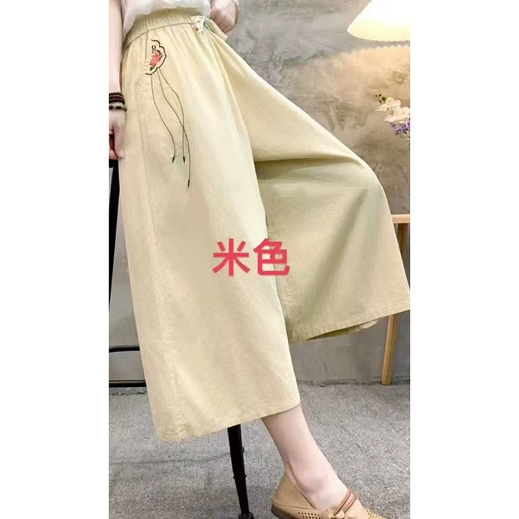 Летние брюки-кюлоты 2025 года, однотонные, свободные, больших размеров, в ретро стиле с вышивкой, широкие, в китайском стиле, женственные и элегантные.