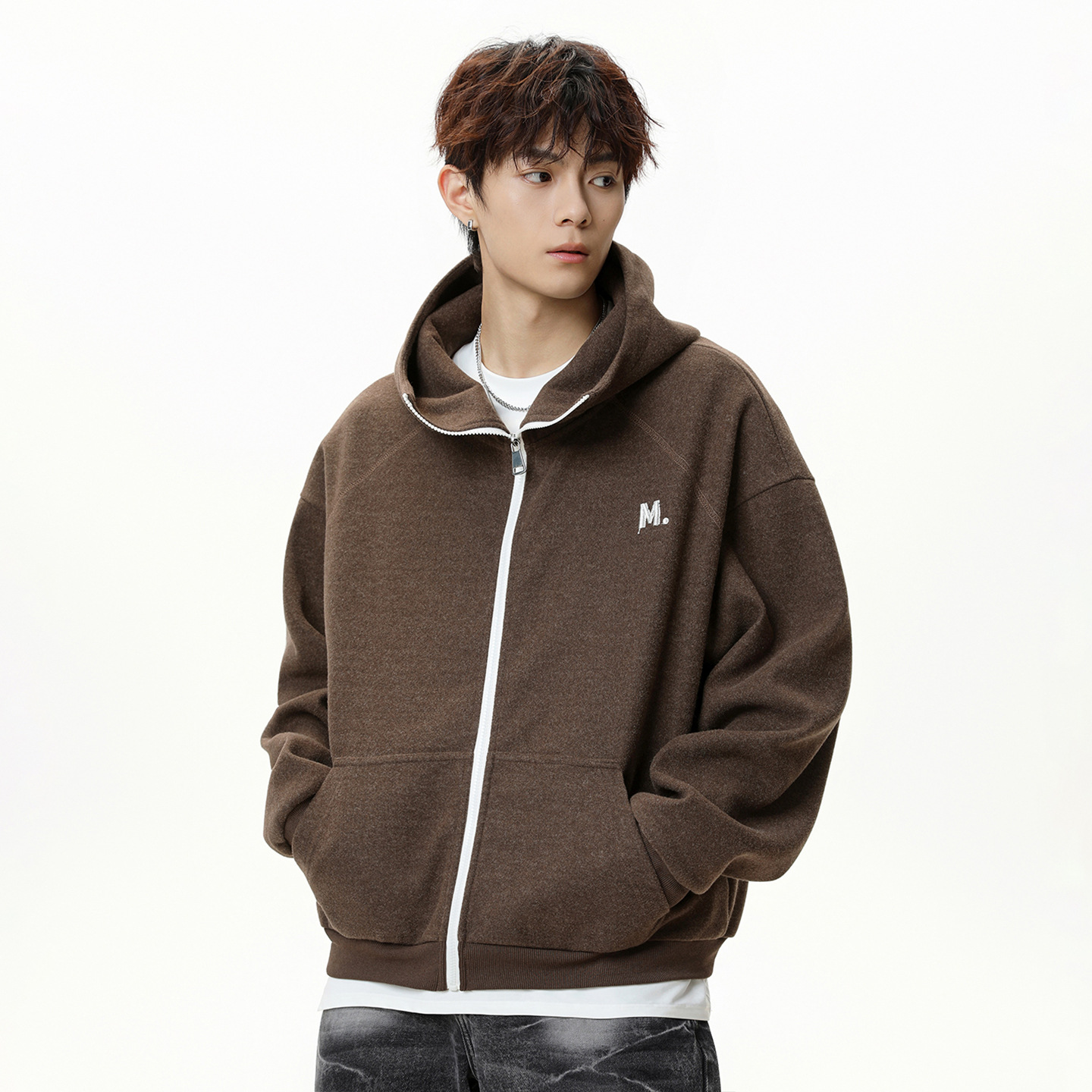 Felpa con cappuccio e cerniera in pile pesante – Pullover color block retrò con scritte ricamate (M-XXL, sale/nero/carbone/moka, 93% misto poliestere)_voghion.com