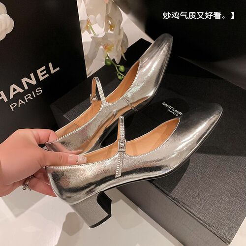 I love it at first glance. Silver thick heel small shoes  new square toe genuine leather inside and outside Mary Jane women's shoes