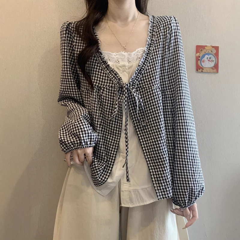 French-Style Lace-Up Ruffled V-Neck Long-Sleeve Shirt for Women, Spring and Autumn, Plus-Size, Stylish Design, Faux Two-Piece, Age-Reducing Top