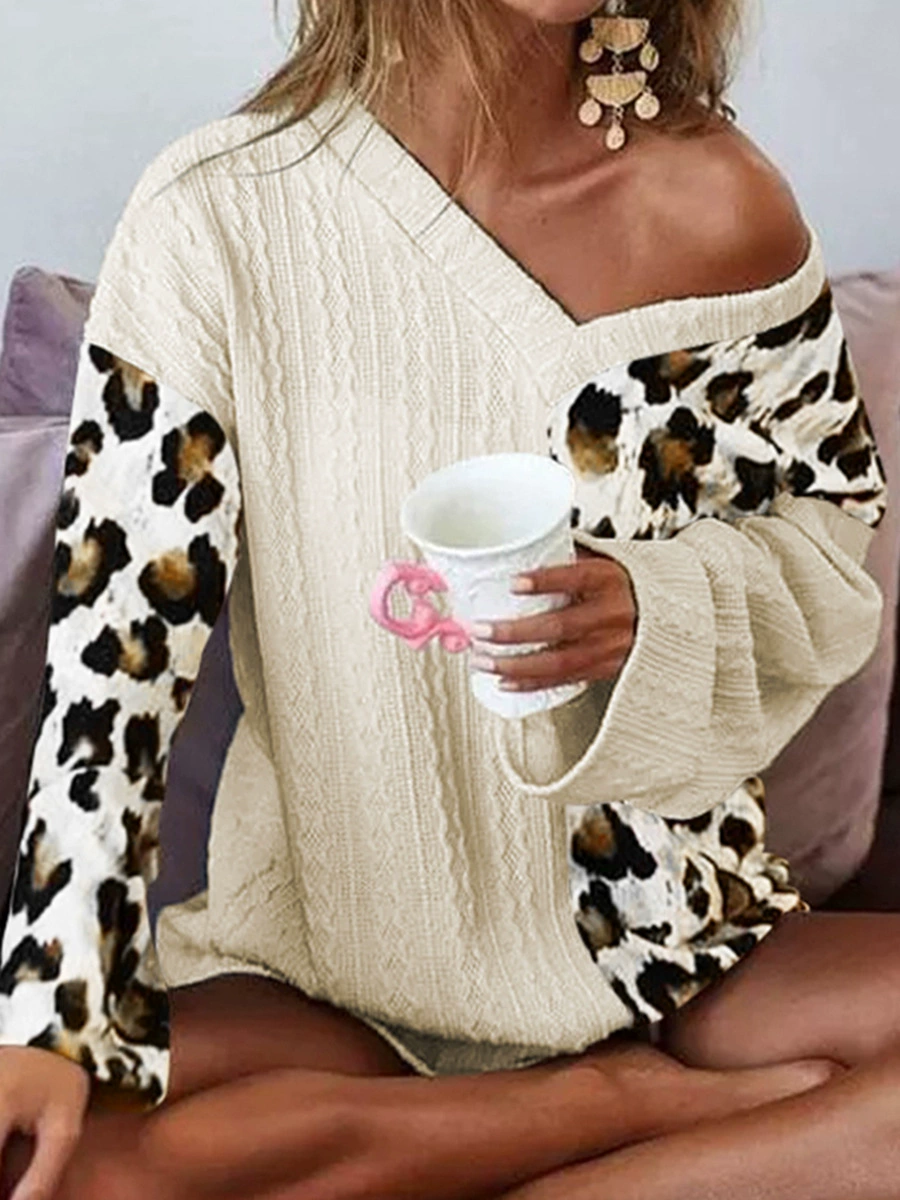 Beige long-sleeve, fashionable sweater, V-neckline, European style