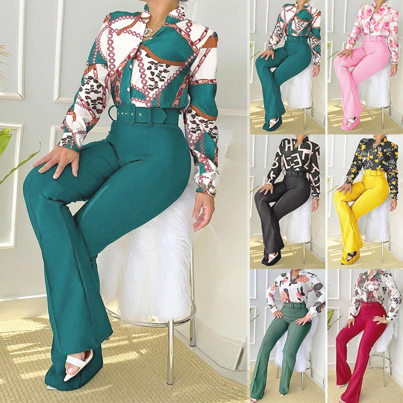 2025 European and American Cross-Border Casual Suit Printed Stand-Up Collar Long-Sleeved Shirt Top Wide-Leg Pants Two-Piece Set (Including Belt)