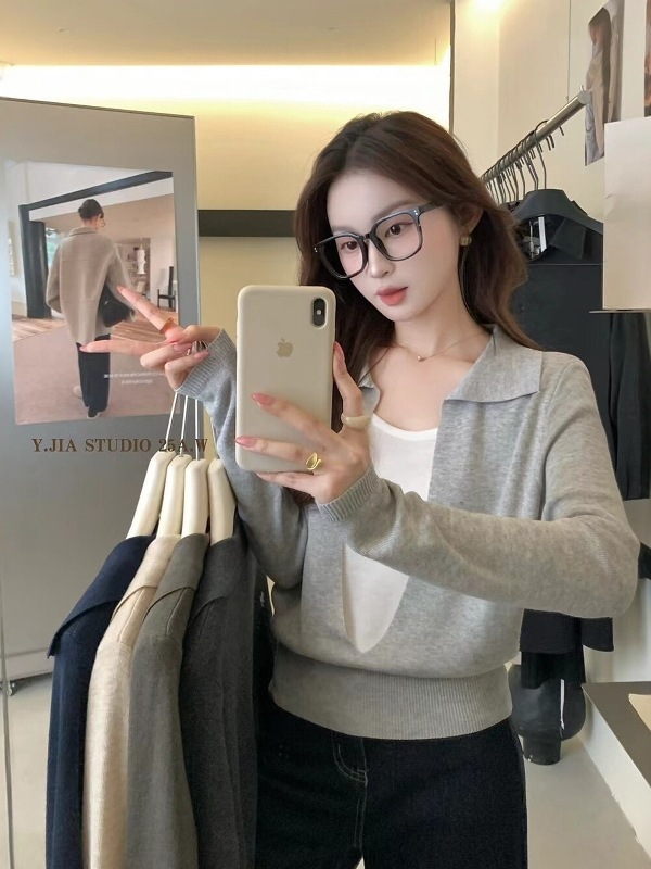 高级感假两件毛衣翻领设计感针织衫女秋新款修身显瘦百搭气质上衣|undefined