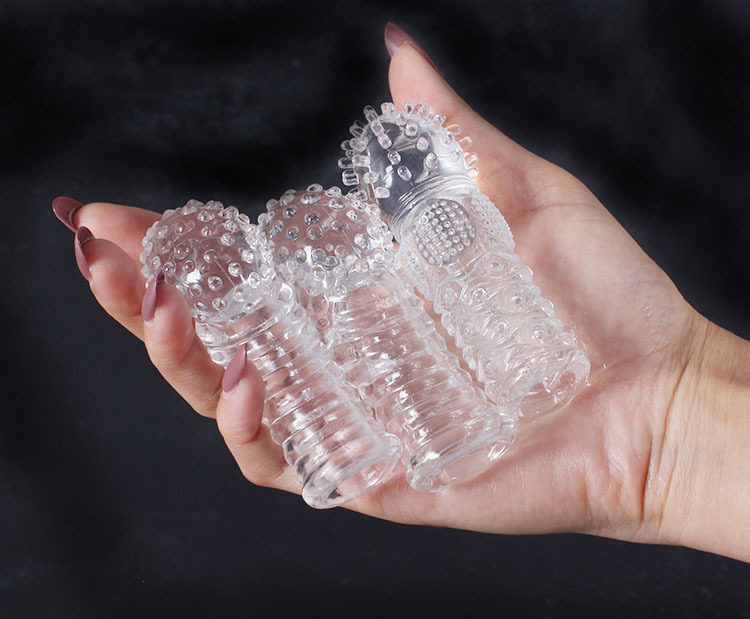 Finger Sleeve for Pleasure with Large-Particle Massage and Ribbed Texture, Transparent TPE, 1-Piece — detail image 29