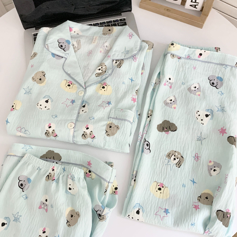 Three-Piece Cartoon Apple Kitty Cat Pajamas for Women Summer Cloud Cotton Short-Sleeved Japanese Style Style Cute Ins Style Home Clothes