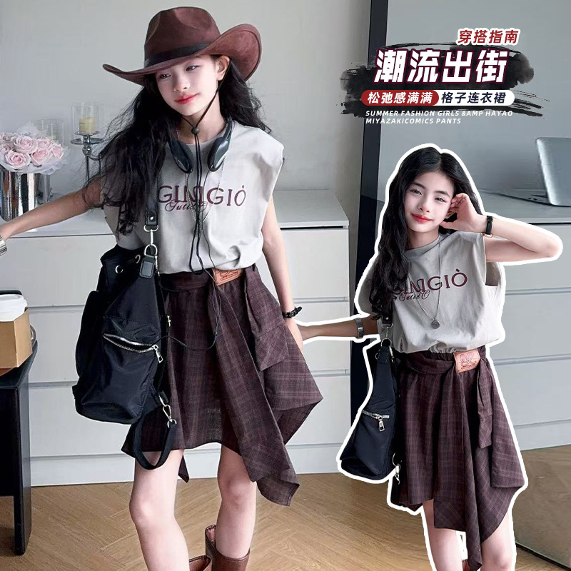 Girls' Letter Print Sleeveless T-Shirt 2025 Summer New Stylish Big Kids Patchwork Irregular Dress Trendy