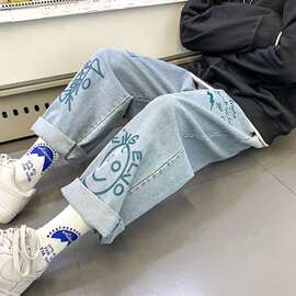牛仔长裤男潮流百搭宽松休闲坠感卡通印花裤子港风春夏直筒裤