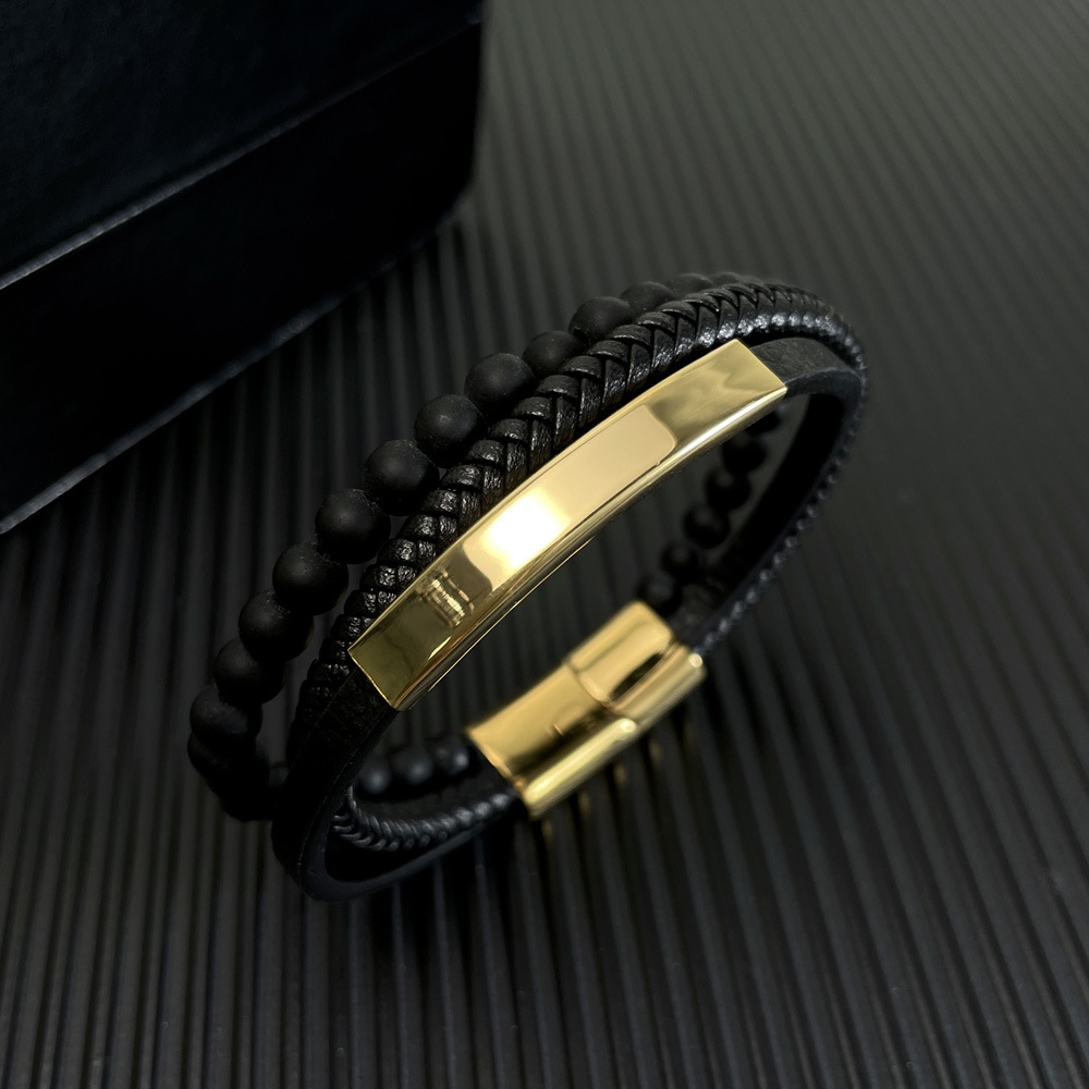 31g Weight Simple Style Geometric 304 Stainless Steel Pu Leather Irregular Plating Men's Bracelets Men Cord & Leather Bracelets