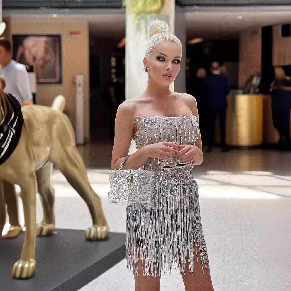 Heavy Industry Exquisite Beaded Glitter Silver Sequins Tassel Sexy Strapless Dress Celebrity Party Dinner Dress