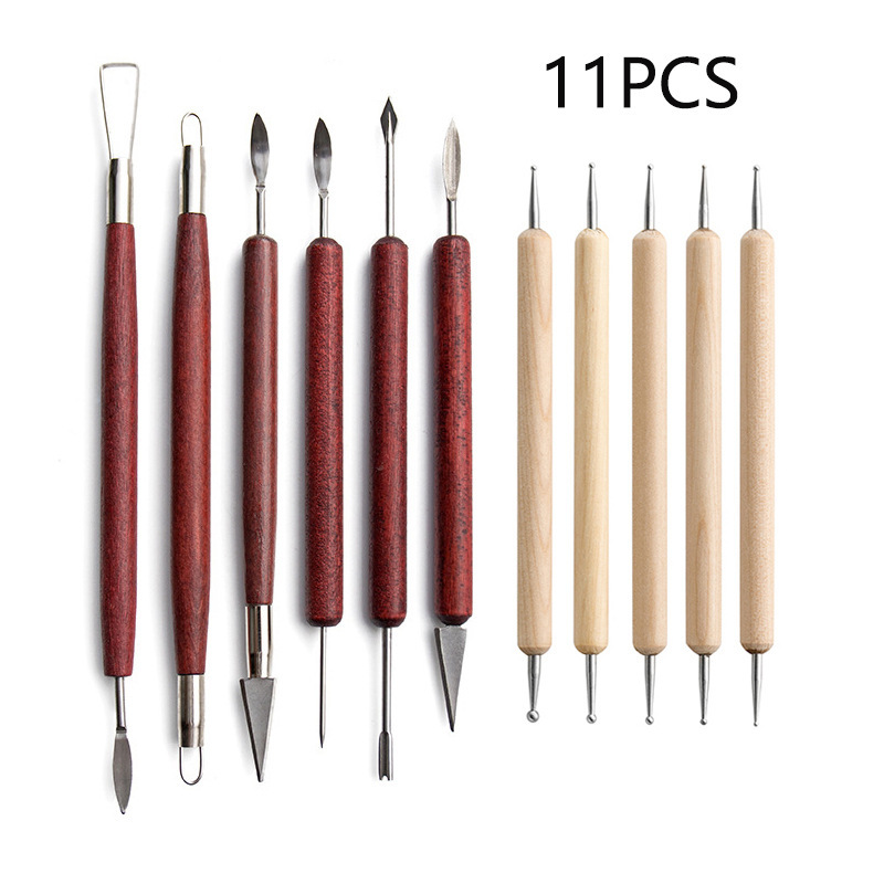 Cross-border clay tools 11 pieces of suit wood dot drill pen pottery carving knife clay tools hole punch