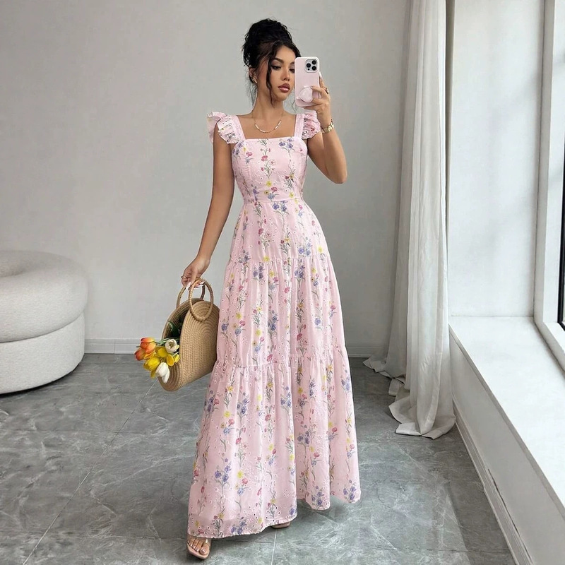 Women's Summer Pink Floral Print Square Neck Spaghetti Strap Dress, Ruched Waistline A-Line Shape for Wedding Guests, Holidays Women's Summer Pink Floral Print Square Neck Spaghetti Strap Dress, Ruched Waistline A-Line Shape for Wedding Guests, Holidays