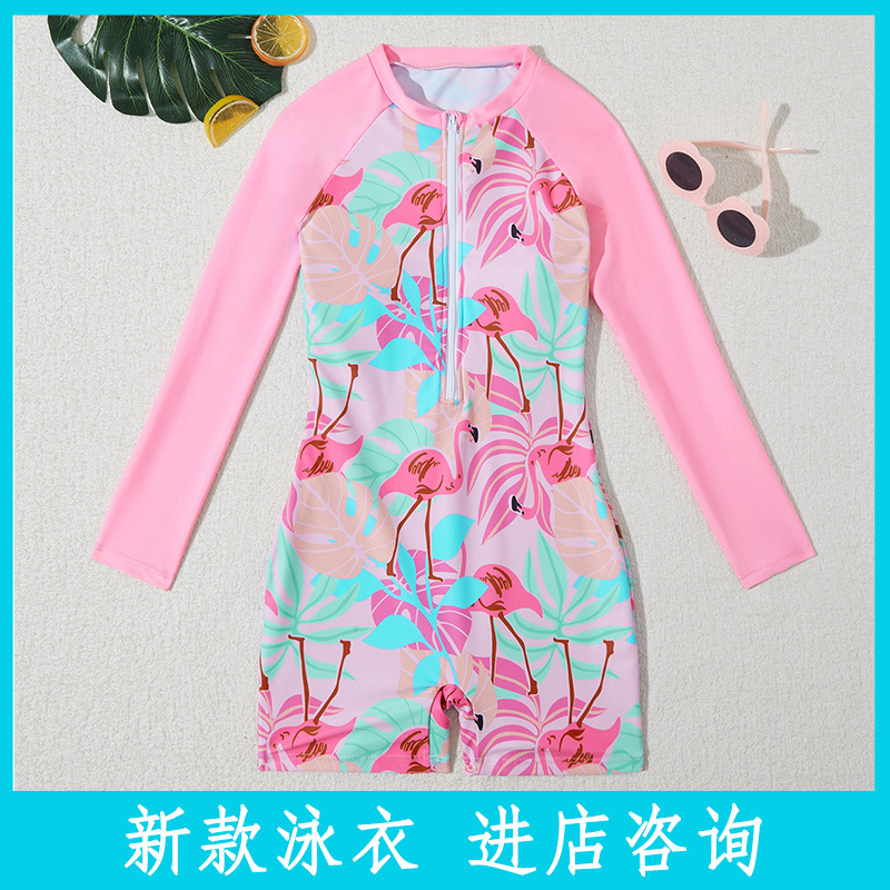 Long-Sleeved One-Piece Children's Swimsuit for Girls Amazon Cross-Border Cute Little Children's Conservative Zipper Printed Wetsuit Swimsuit
