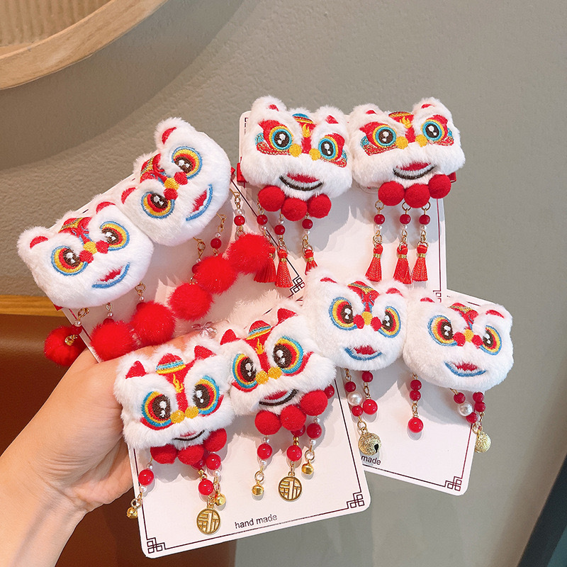 2025 Año Nuevo de peluche despierta león clips de Año Nuevo niñas clips de cabello bebé estilo chino Hanfu clips de cabello adornamiento