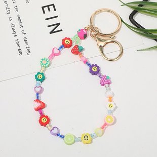 Hot selling mobile phone hanging key chain color soft acrylic smiley face love beads mobile phone chain pendant