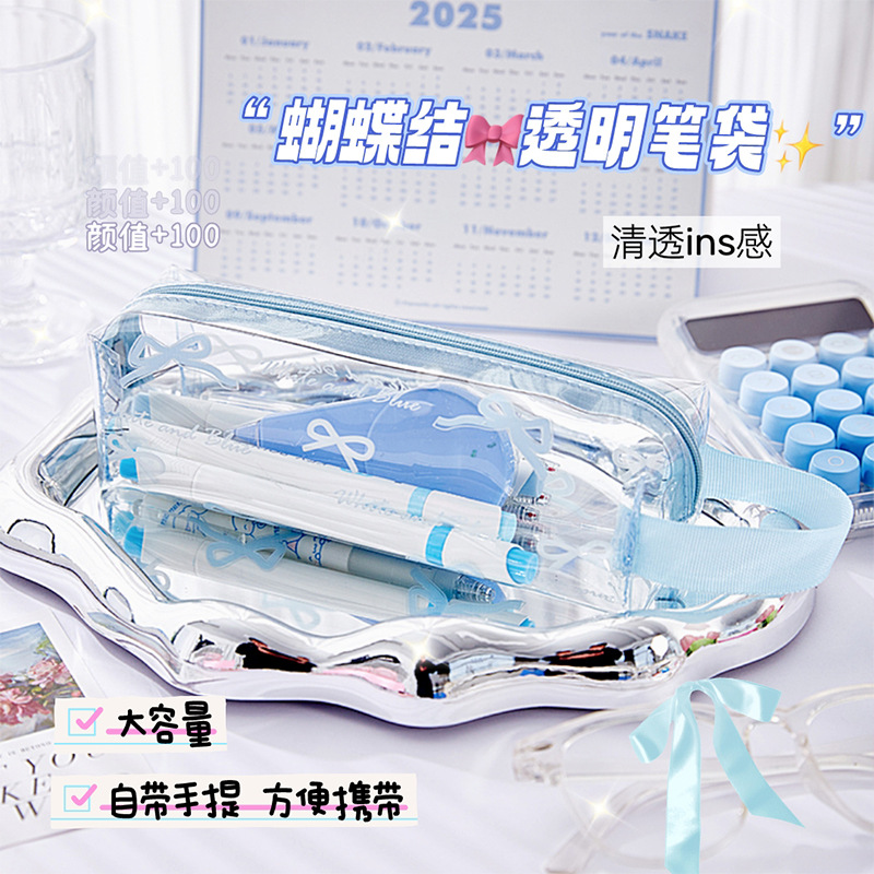 Bolsa de lápices transparente con lazo de alto valor, estilo ins, bolsa de papelería para estudiantes de gran capacidad, nueva caja de lápices impermeable portátil