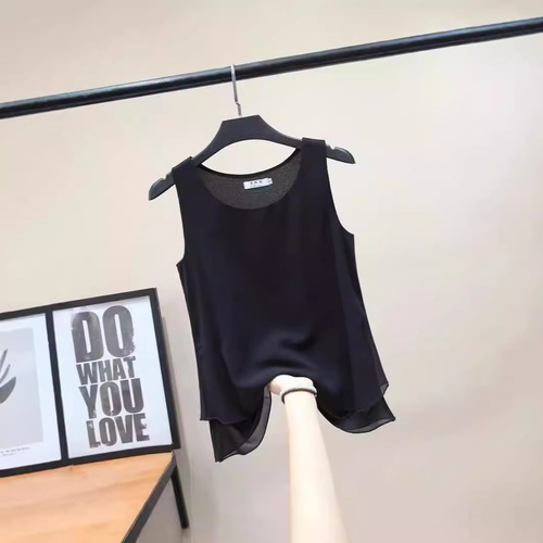 Sheer double-layer spaghetti strap black sleeveless top women's base shirt outerwear innerwear loose sheer shirt