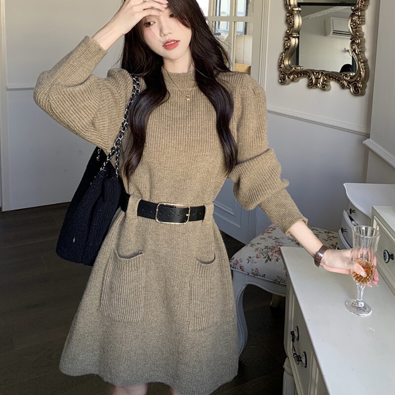 亚马逊复古气质针织连衣裙子秋冬季女装御姐风感打底内搭毛衣配大|undefined