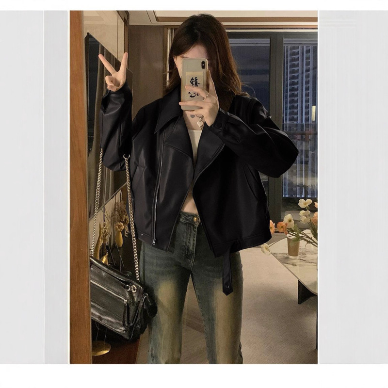 美式复古pu皮衣外套女2025春秋小个子宽松显瘦机车服短款夹克上衣|undefined