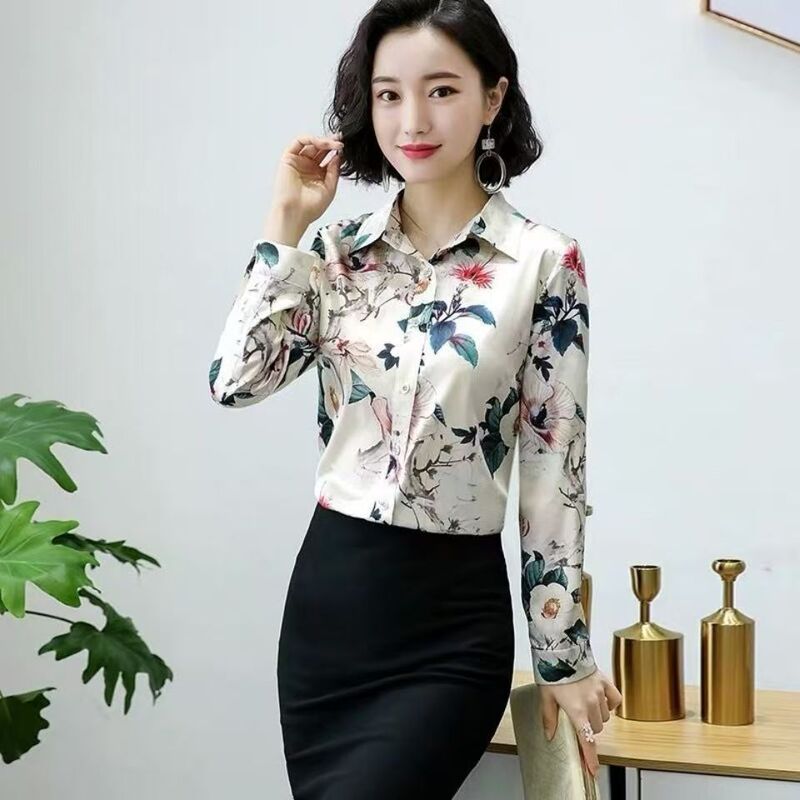 Spring and Autumn Imitation Silk Shirt for Women, Long-Sleeved Rose Print, Stylish Plus-Size Satin Top, Slimming and Elegant for Women