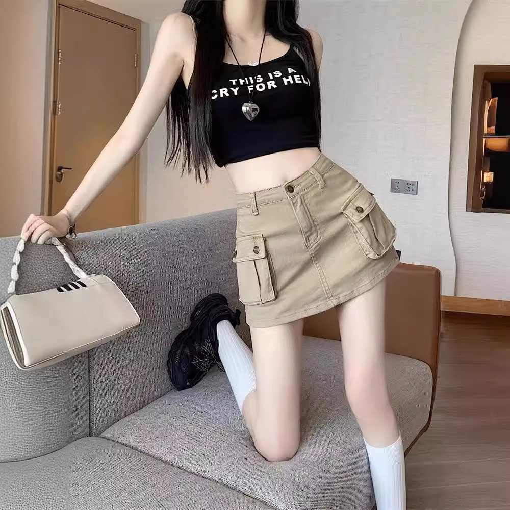 Women's Khaki Workwear Style High-Waisted Slimming Bodycon Mini Skirt, 2025 Summer New American Style Skirt
