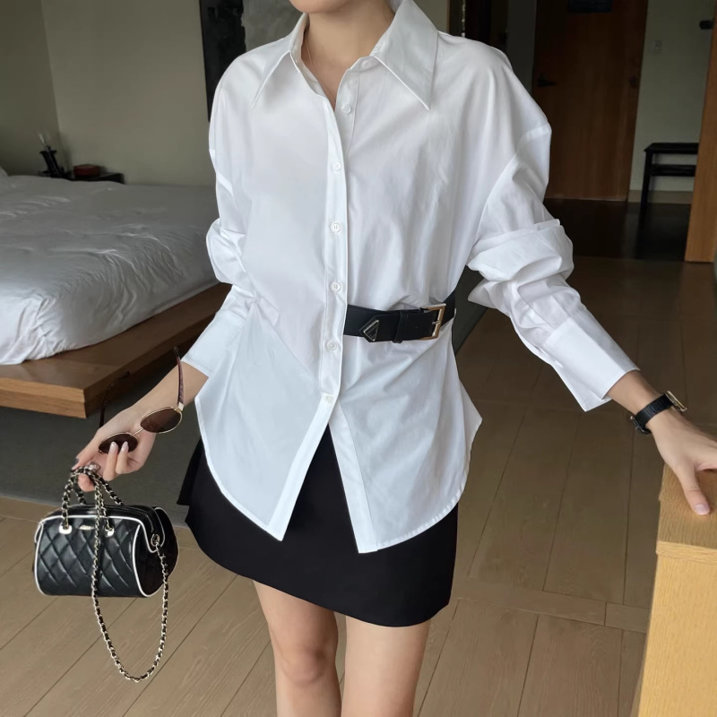 Waist-Cinching Leather Buckle Long-Sleeve Shirt for Women, Spring 2026 New Versatile Triangle Logo Women's Shirt Top, Loose Fit