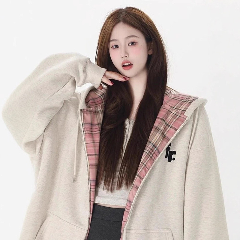 Hooded Sweatshirt for Women 2026 Autumn and Winter Patchwork Plaid Zipper Hoodie Loose Slimming Long-Sleeved Cardigan Thin Jacket