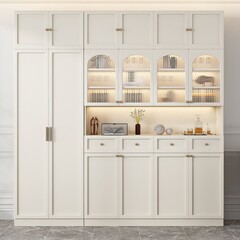 木製のリビングルームの収納棚は壁のサイドキャビネットに寄りかかっています。