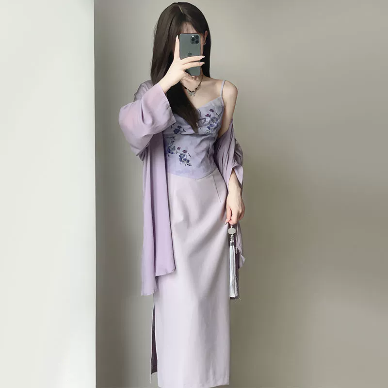 Фиолетовый Cornus officinalis Нежный стиль Фиолетовый Ретро Новый китайский слинг Длинное платье с плотной талией Кардиган средней длины в дзен-стиле Национальный стиль