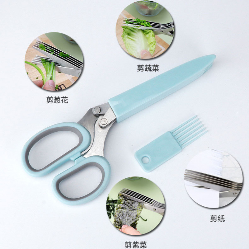 Cocina de cinco capas tijeras de cebolla de acero inoxidable multifuncional de papel triturado tijeras de alimentos de cebolla, cientro, tijeras de alimentos suplementarios para niños