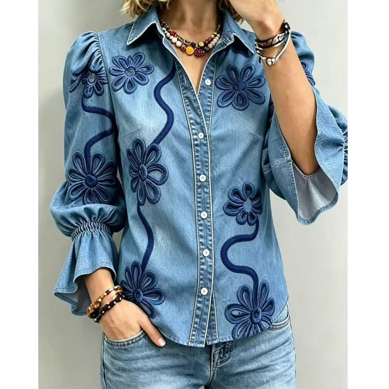 Bohemian Floral Embroidered Denim Shirt for Women with Puff Sleeves, Flared Cuffs, and a Slim-Fit Western Style Top