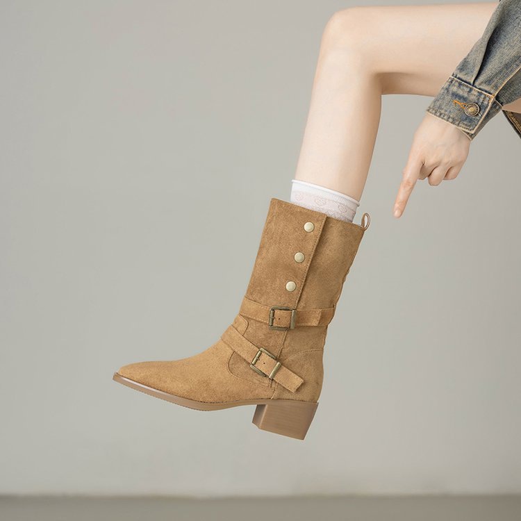 Nuevos zapatos de mujer residuos de tierra occidental botas vaqueras mujeres 2026 primavera versátil zapatos retro casuales botas marrones medianas