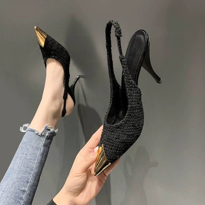 High-heeled low-cut sandals, summer slingback 6/9 cm heel, black patent or cashmere, sizes 35–40