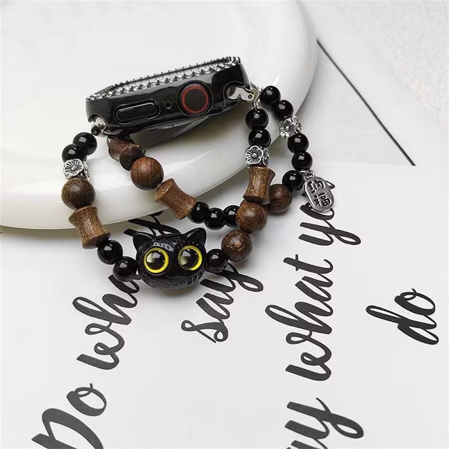 Sandalwood Apple Watches9 Bracelet Apple Beaded New Chinese Style Elastic Cord Black Cat Watch Strap Suitable for Apple Wristband
