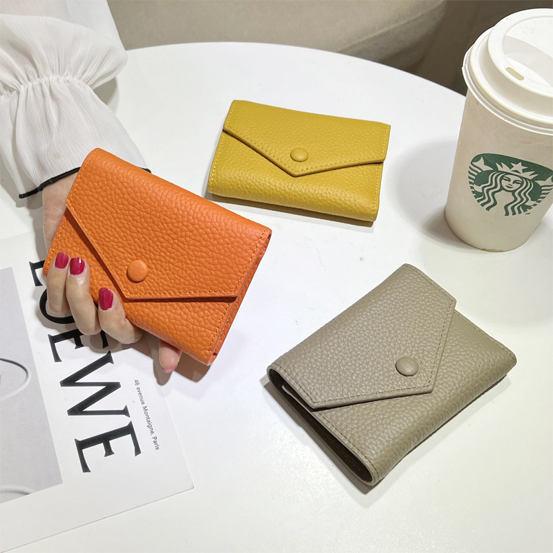 Genuine Leather Wallet for Women, Short Style, First-Layer Cowhide, Envelope-Style Coin and Card Holder, Large Capacity, Simple Design, Document Holder, Ladies' Clutch