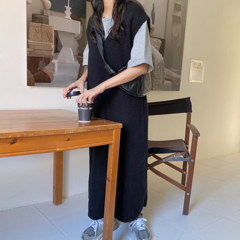 Spring New Korean Japanese Style Simple Solid Color Extra-Long Large Collar Knitted Vest Dress