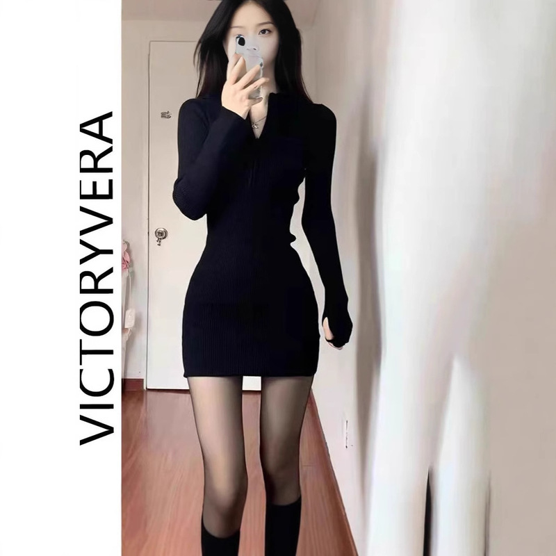 Yujie Long Sleeve Tight Black Slim Knitted dress Fall/Winter Slim 2025 New Spice Girls Base Small Black Dress Yujie Long Sleeve Tight Black Slim Knitted dress Fall/Winter Slim 2025 New Spice Girls Base Small Black Dress