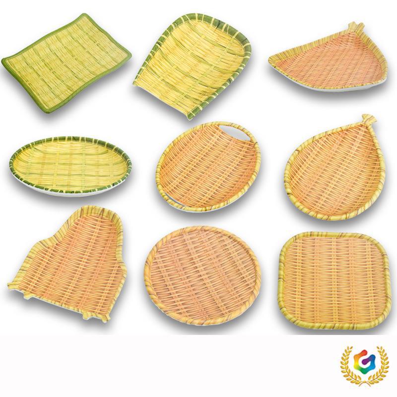 ♤饭店菜盘复古火锅大盘子创意竹编好看圆形盘烧烤盘海鲜店密胺餐