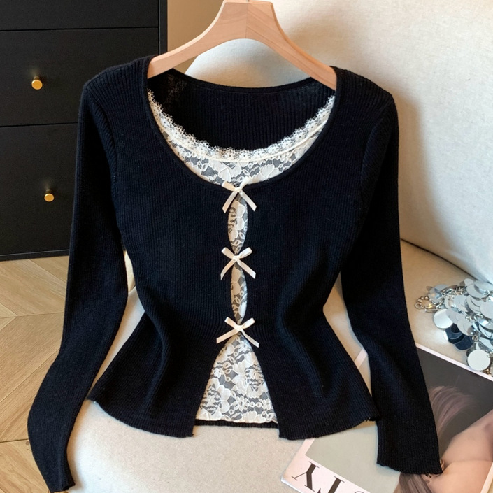 Sweet Preppy Style Bow Eyelash Lace Splicing Knitwear Girly Student Fake Two-Piece Knitwear with Front Slit