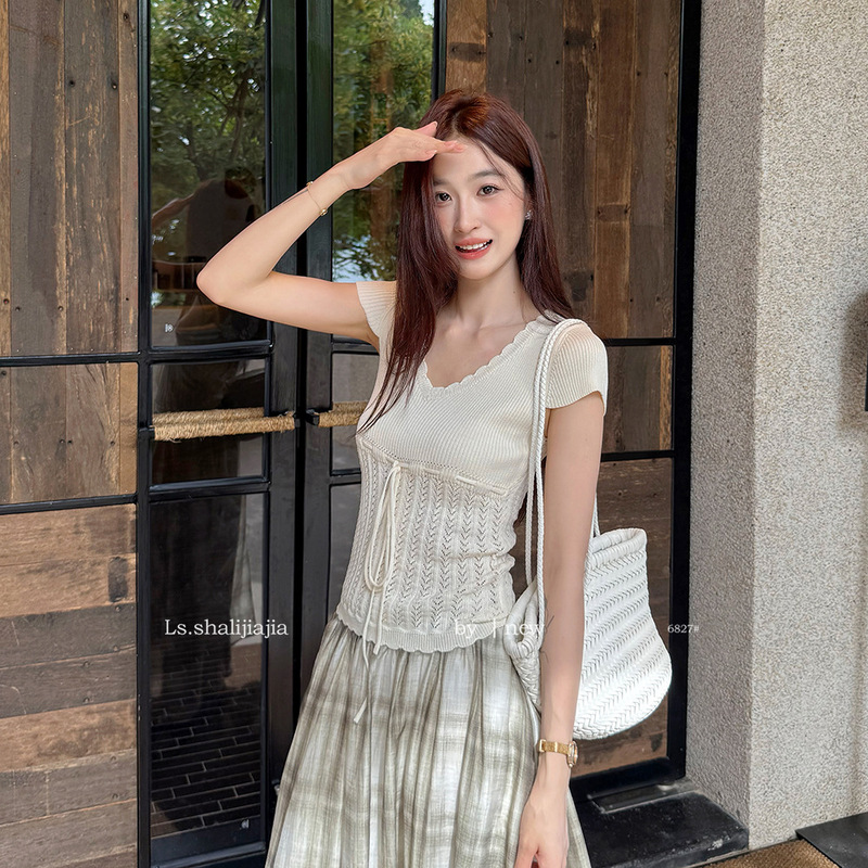 LS 甘くてエレガントなスリムニットトップ広州十三行 2025 新しい夏の婦人服 6827 #|undefined