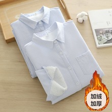 秋冬装日系小清新竖条纹加绒加厚纯棉正肩白衬衫女长袖打底衫潮