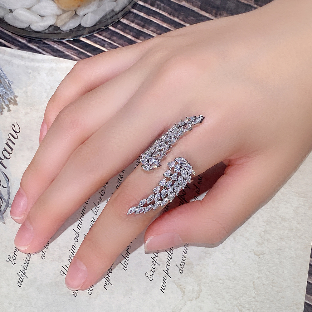 Sweet Angel Wings Copper Inlay Zircon Open Ring 1 Piece