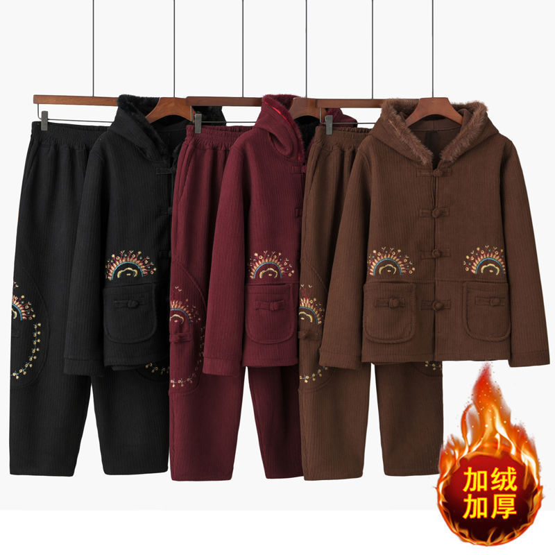 中老年秋冬妈妈装灯芯绒运动套装女冬装加绒加厚老奶奶休闲两件套|undefined