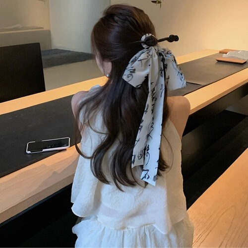 New Chinese-style elegant ink painting ribbon hairpin for women, ancient style updo hairpin, butterfly knot Hanfu wood hairpin trendy