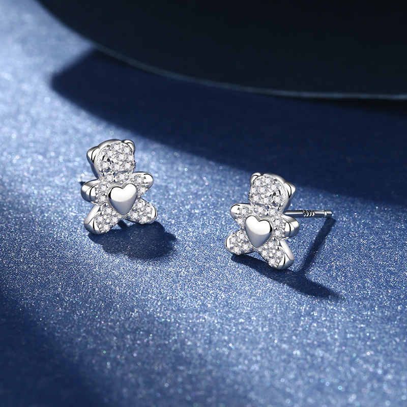 Bear, Heart Shape Pattern Women's Gender Plating Design 1 Pair 925 Sterling Silver Bear Heart Shape Ear Studs
