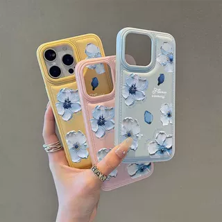 油画蓝花朵皮纹大视窗适用苹果17手机壳清新iPhone16皮纹鼓包壳14
