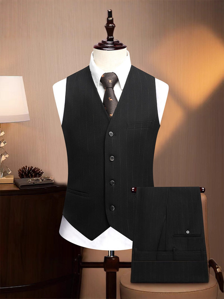Bộ vest nam ba mảnh ve nhọn cài khuy đôi dáng ôm — Sọc đen quý ông (áo + quần), Sọc đen quý ông (áo + vest + quần)