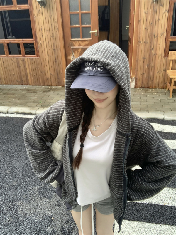 实拍 秋季美式复古慵懒风宽松条纹开衫连帽卫衣女长袖外套潮88239|undefined