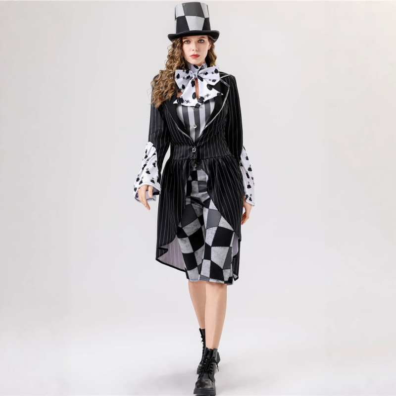 Halloween Alice in Wonderland Mad Hatter Costume Checkerboard Clown Stage Play Amusement Park Performance Costume